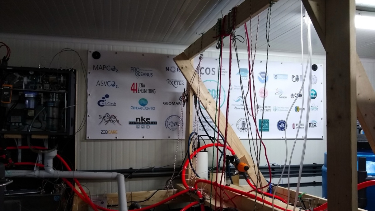 picture of an instrument set up with a poster of logos on the background