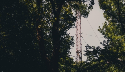 man climbing up a measurement tower in a green forest